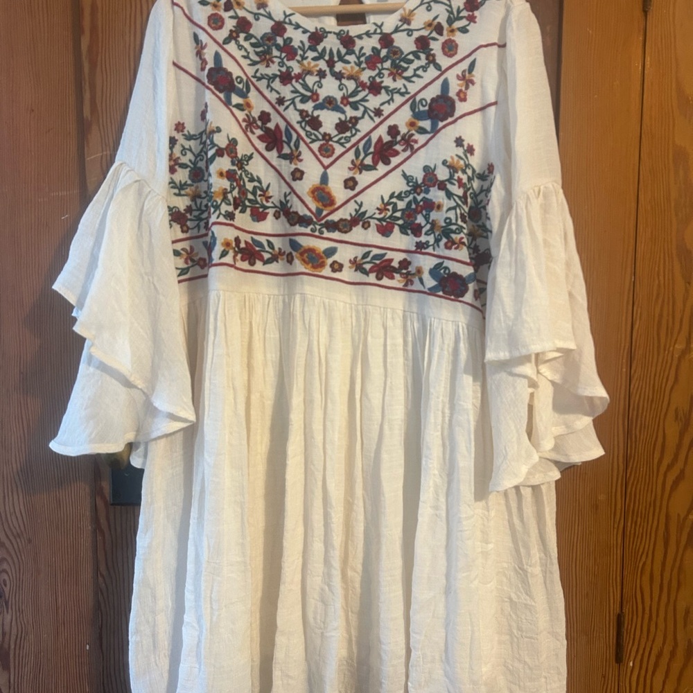 Umgee Cream Dress with Multicolor Floral Embroidery